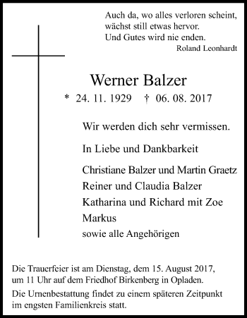 Anzeige von Werner Balzer von Kölner Stadt-Anzeiger / Kölnische Rundschau / Express