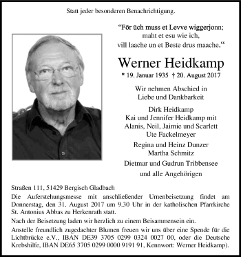 Anzeige von Werner Heidkamp von Kölner Stadt-Anzeiger / Kölnische Rundschau / Express
