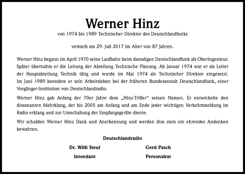  Traueranzeige für Werner Hinz vom 05.08.2017 aus Kölner Stadt-Anzeiger / Kölnische Rundschau / Express