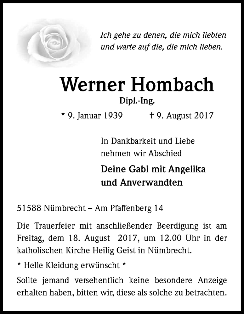  Traueranzeige für Werner Hornbach vom 15.08.2017 aus Kölner Stadt-Anzeiger / Kölnische Rundschau / Express