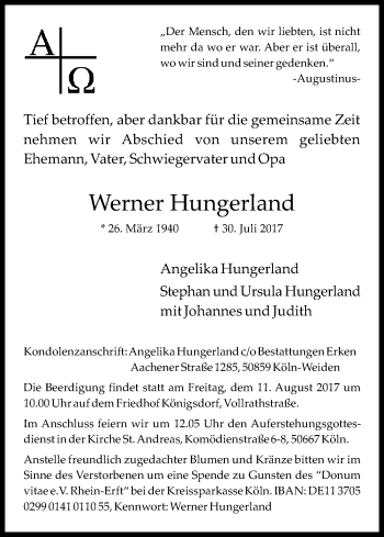 Anzeige von Werner Hungerland von Kölner Stadt-Anzeiger / Kölnische Rundschau / Express