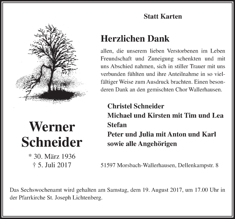  Traueranzeige für Werner Schneider vom 16.08.2017 aus  Lokalanzeiger 