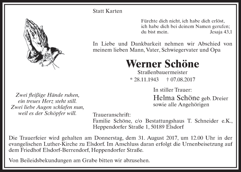  Traueranzeige für Werner Schöne vom 19.08.2017 aus  Sonntags-Post 