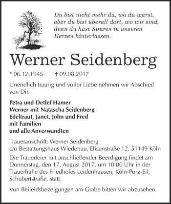 Anzeige von Werner Seidenberg von  Kölner Wochenspiegel 
