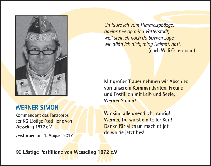  Traueranzeige für Werner Simon vom 09.08.2017 aus  Schlossbote/Werbekurier 