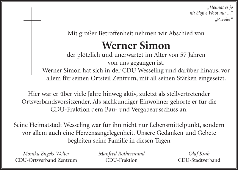  Traueranzeige für Werner Simon vom 09.08.2017 aus  Schlossbote/Werbekurier 