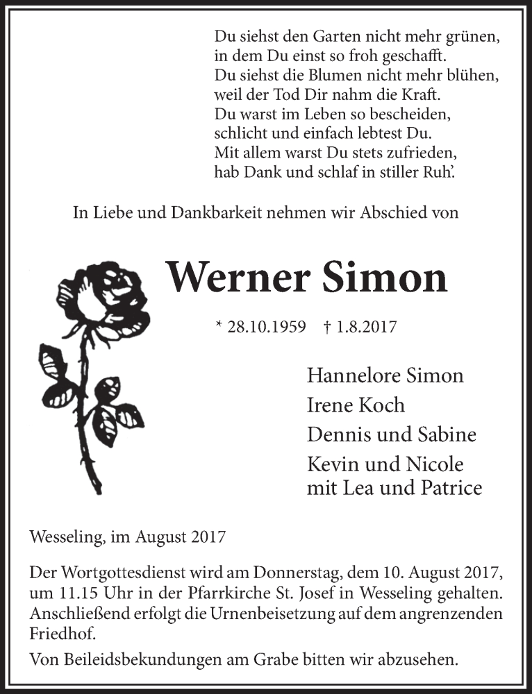  Traueranzeige für Werner Simon vom 09.08.2017 aus  Schlossbote/Werbekurier 