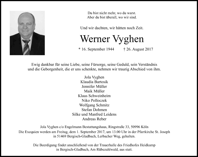  Traueranzeige für Werner Vyghen vom 30.08.2017 aus Kölner Stadt-Anzeiger / Kölnische Rundschau / Express
