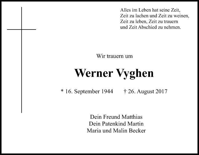  Traueranzeige für Werner Vyghen vom 30.08.2017 aus Kölner Stadt-Anzeiger / Kölnische Rundschau / Express