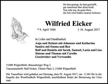 Anzeige von Wilfried Eicker von Kölner Stadt-Anzeiger / Kölnische Rundschau / Express