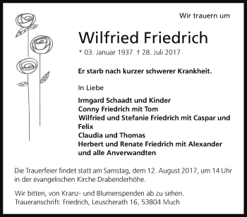 Anzeige von Wilfried Friedrich von Kölner Stadt-Anzeiger / Kölnische Rundschau / Express
