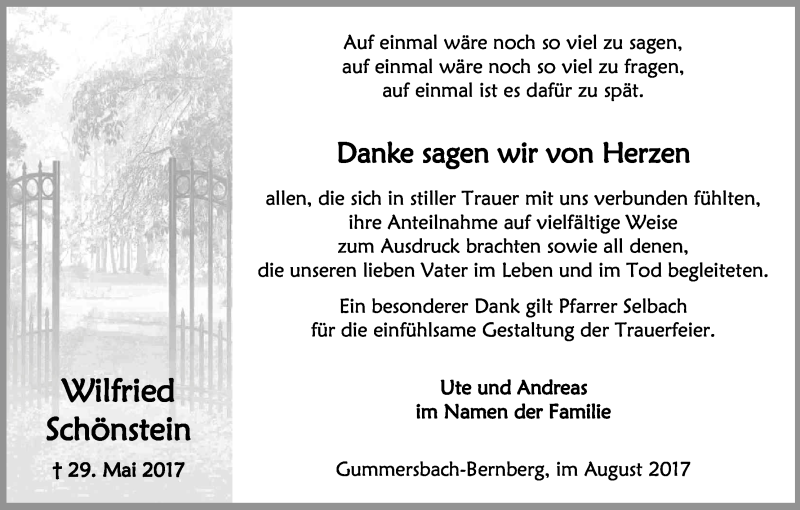  Traueranzeige für Wilfried Schönstein vom 12.08.2017 aus Kölner Stadt-Anzeiger / Kölnische Rundschau / Express