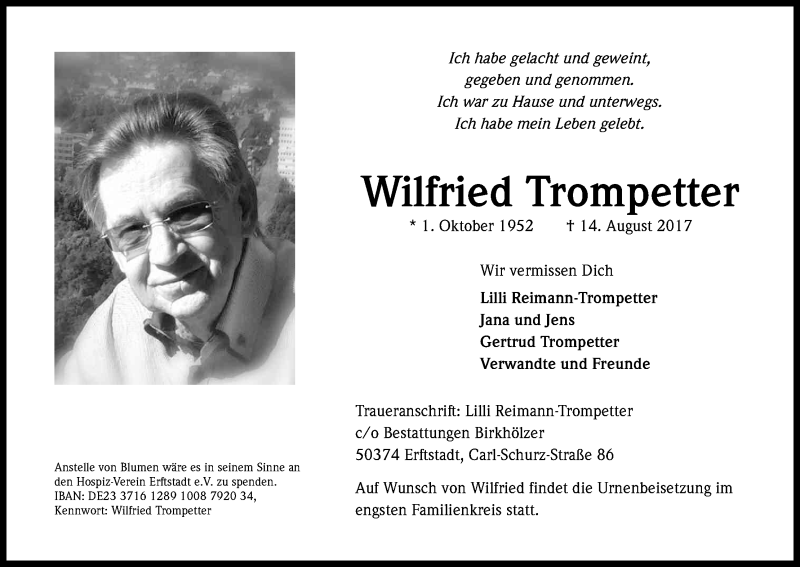  Traueranzeige für Wilfried Trompetter vom 26.08.2017 aus Kölner Stadt-Anzeiger / Kölnische Rundschau / Express