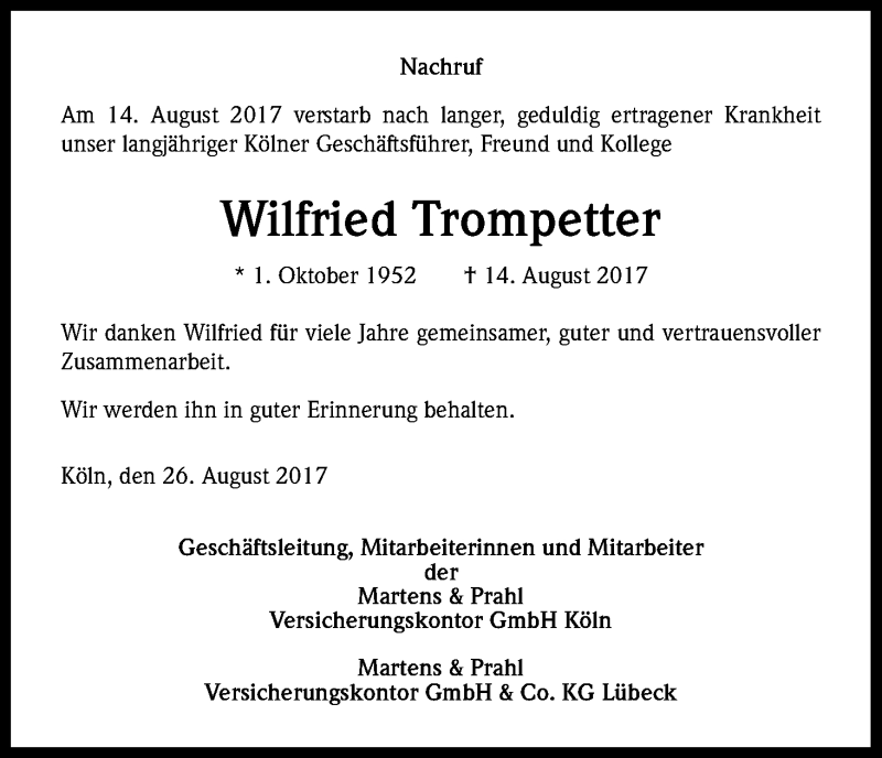  Traueranzeige für Wilfried Trompetter vom 26.08.2017 aus Kölner Stadt-Anzeiger / Kölnische Rundschau / Express