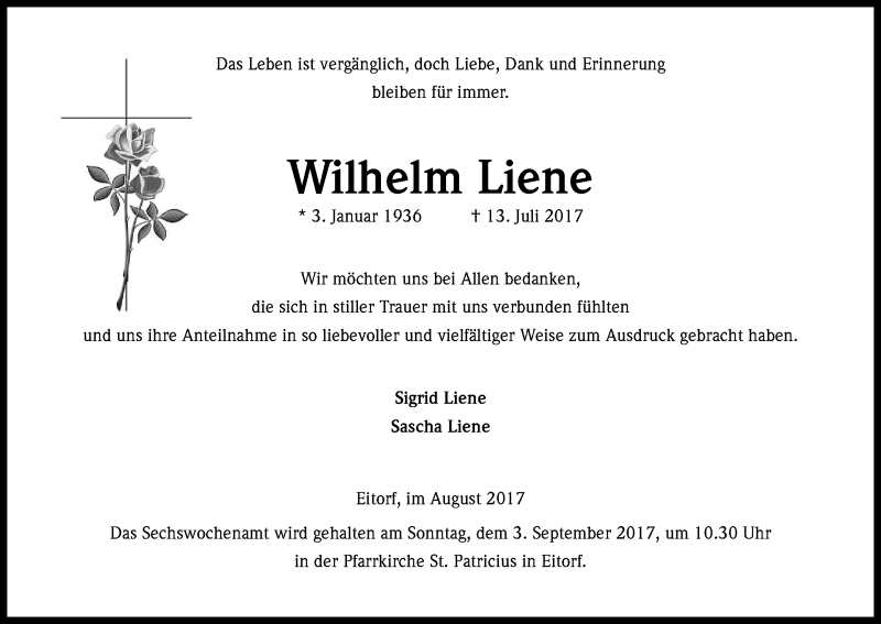  Traueranzeige für Wilhelm Liene vom 26.08.2017 aus Kölner Stadt-Anzeiger / Kölnische Rundschau / Express