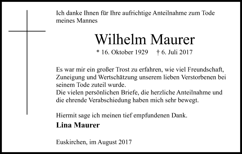  Traueranzeige für Wilhelm Maurer vom 30.08.2017 aus Kölner Stadt-Anzeiger / Kölnische Rundschau / Express