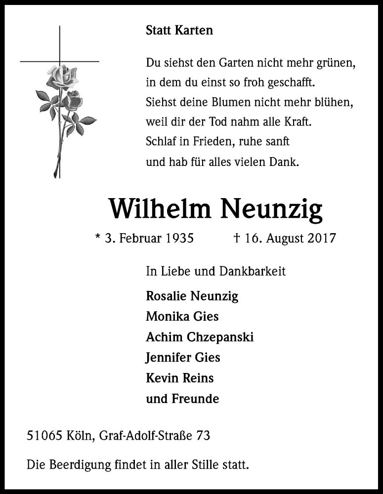  Traueranzeige für Wilhelm Neunzig vom 23.08.2017 aus Kölner Stadt-Anzeiger / Kölnische Rundschau / Express