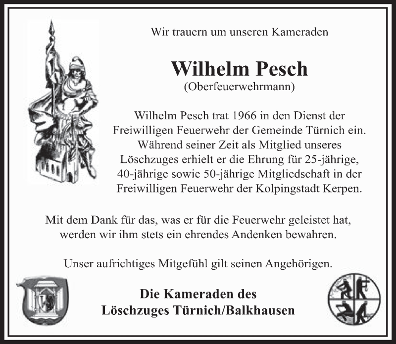  Traueranzeige für Wilhelm Pesch vom 30.08.2017 aus  Werbepost 