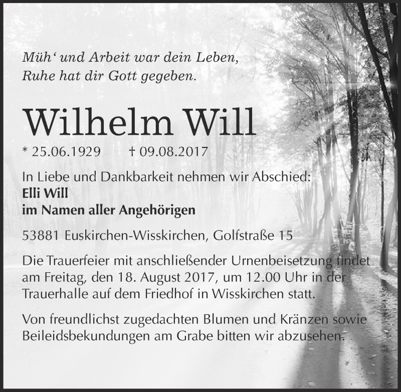  Traueranzeige für Wilhelm Will vom 12.08.2017 aus  Blickpunkt Euskirchen 