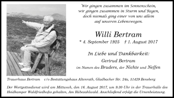 Anzeige von Willi Bertram von Kölner Stadt-Anzeiger / Kölnische Rundschau / Express