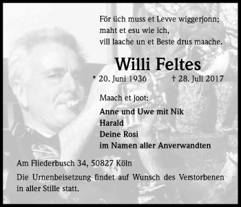 Anzeige von Willi Feltes von Kölner Stadt-Anzeiger / Kölnische Rundschau / Express