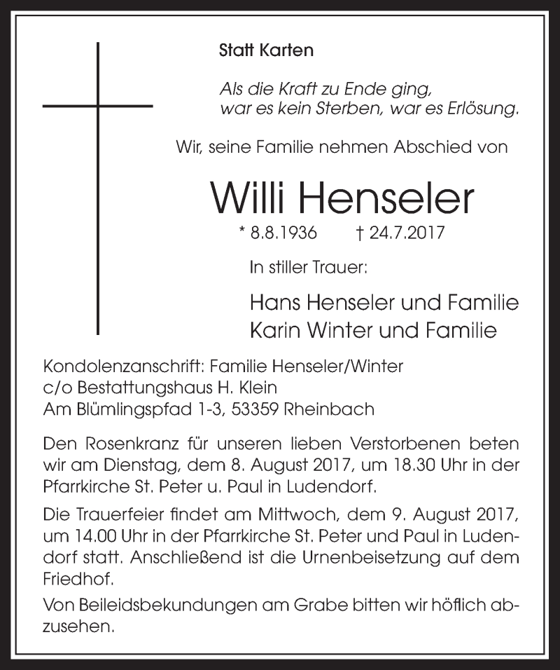  Traueranzeige für Willi Henseler vom 02.08.2017 aus  Schaufenster/Blickpunkt 