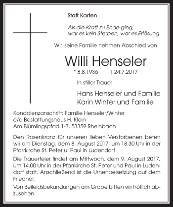 Anzeige von Willi Henseler von  Schaufenster/Blickpunkt 