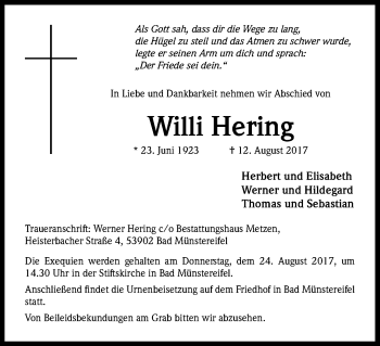 Anzeige von Willi Hering von Kölner Stadt-Anzeiger / Kölnische Rundschau / Express