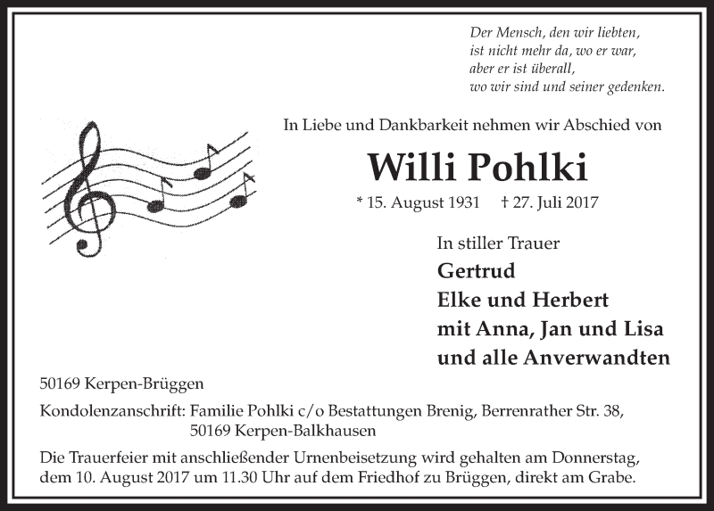  Traueranzeige für Willi Pohlki vom 05.08.2017 aus  Sonntags-Post 