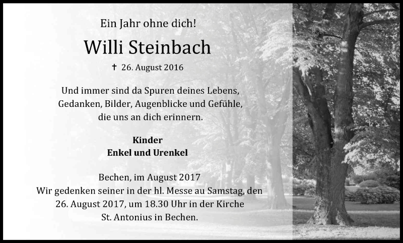  Traueranzeige für Willi Steinbach vom 23.08.2017 aus Kölner Stadt-Anzeiger / Kölnische Rundschau / Express