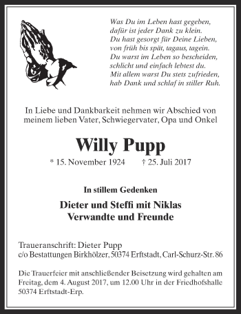 Anzeige von Willy Pupp von  Werbepost 