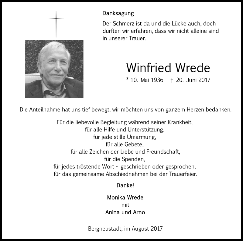  Traueranzeige für Winfried Wrede vom 05.08.2017 aus Kölner Stadt-Anzeiger / Kölnische Rundschau / Express