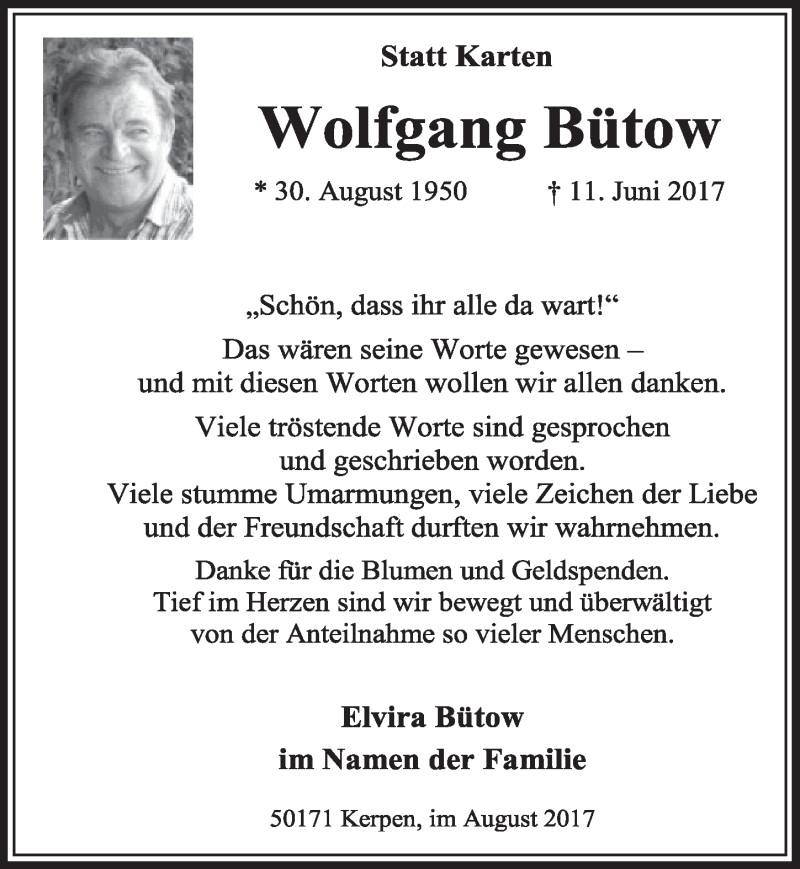  Traueranzeige für Wolfgang Bütow vom 19.08.2017 aus  Sonntags-Post 