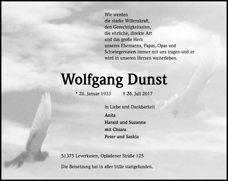  Traueranzeige für Wolfgang Dunst vom 12.08.2017 aus Kölner Stadt-Anzeiger / Kölnische Rundschau / Express