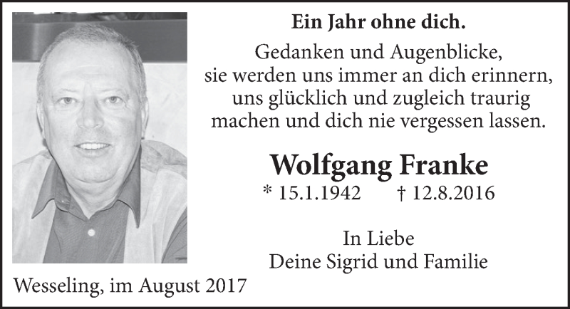  Traueranzeige für Wolfgang Franke vom 16.08.2017 aus  Schlossbote/Werbekurier 
