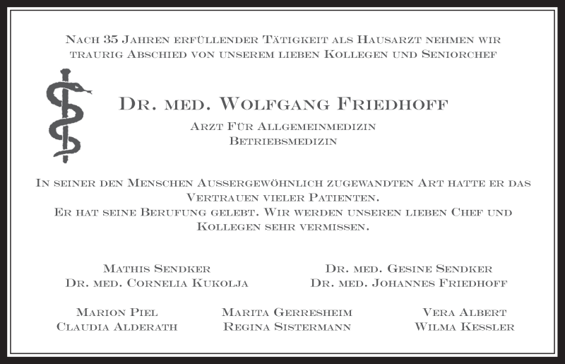  Traueranzeige für Wolfgang Friedhoff vom 23.08.2017 aus  Werbepost 