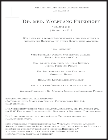Anzeige von Wolfgang Friedhoff von  Werbepost 