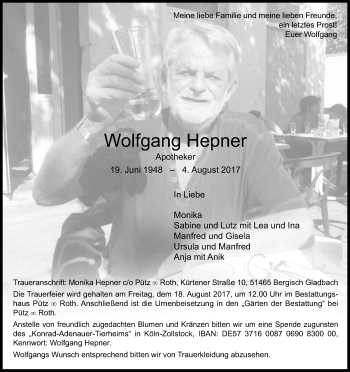 Anzeige von Wolfgang Hepner von Kölner Stadt-Anzeiger / Kölnische Rundschau / Express