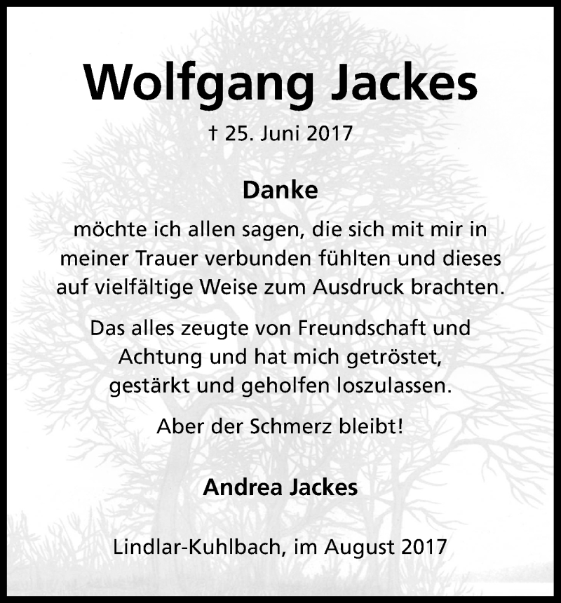  Traueranzeige für Wolfgang Jackes vom 19.08.2017 aus Kölner Stadt-Anzeiger / Kölnische Rundschau / Express