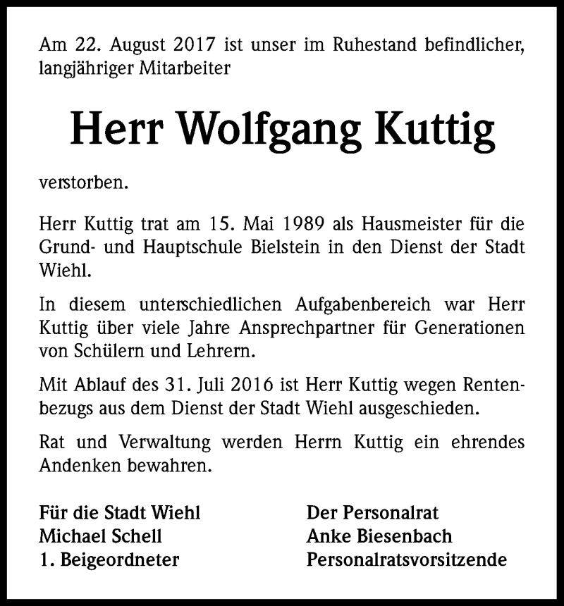  Traueranzeige für Wolfgang Kuttig vom 01.09.2017 aus Kölner Stadt-Anzeiger / Kölnische Rundschau / Express