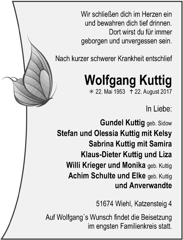  Traueranzeige für Wolfgang Kuttig vom 30.08.2017 aus  Anzeigen Echo 