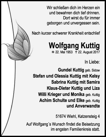 Anzeige von Wolfgang Kuttig von Kölner Stadt-Anzeiger / Kölnische Rundschau / Express
