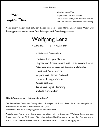 Anzeige von Wolfgang Lenz von Kölner Stadt-Anzeiger / Kölnische Rundschau / Express