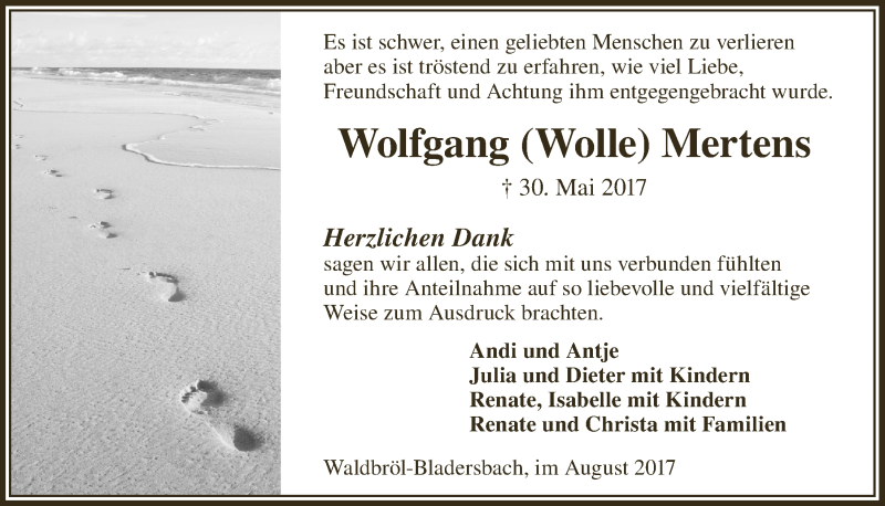 Traueranzeige für Wolfgang  Mertens vom 02.08.2017 aus  Lokalanzeiger 