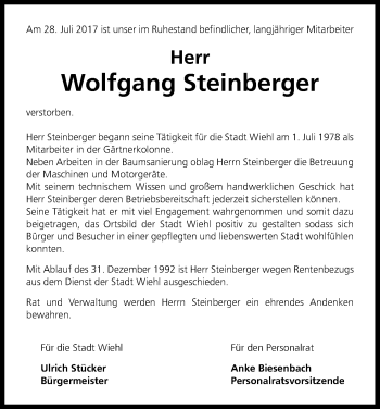 Anzeige von Wolfgang Steinberger von Kölner Stadt-Anzeiger / Kölnische Rundschau / Express