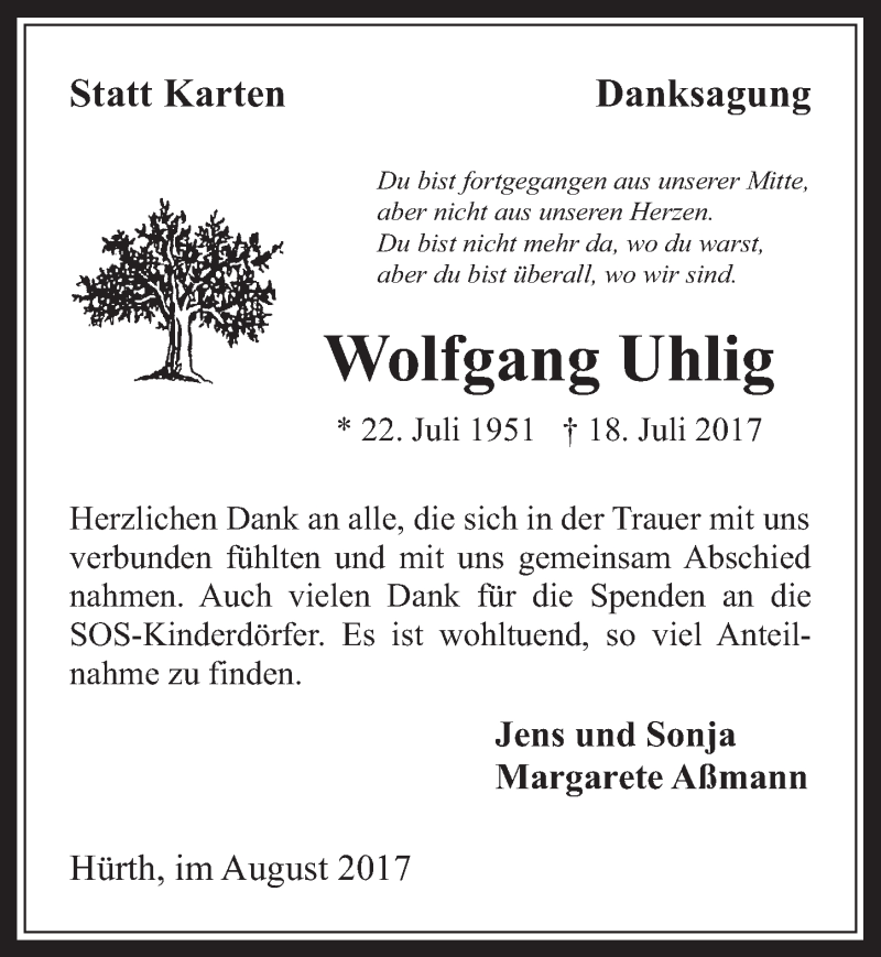  Traueranzeige für Wolfgang Uhlig vom 09.08.2017 aus  Wochenende 
