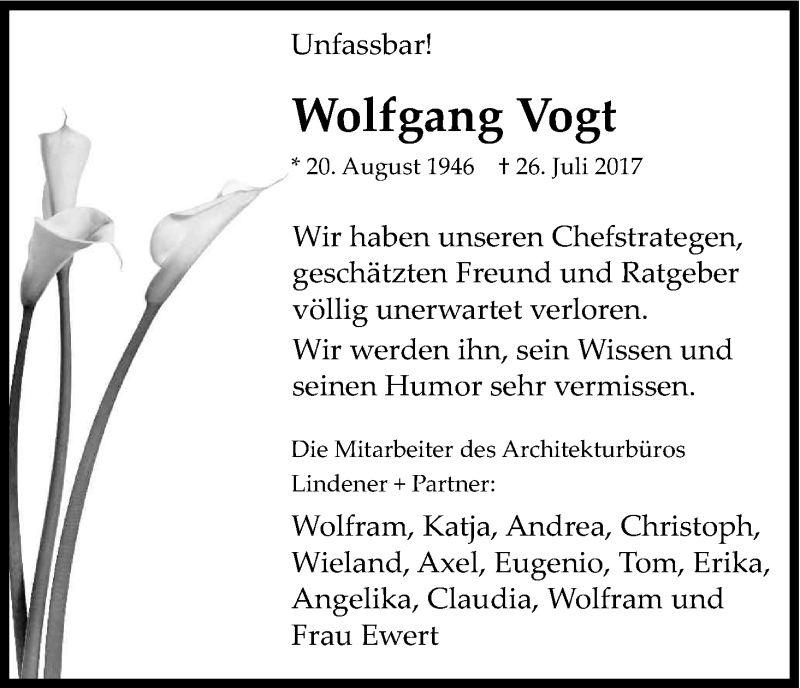  Traueranzeige für Wolfgang Vogt vom 12.08.2017 aus Kölner Stadt-Anzeiger / Kölnische Rundschau / Express