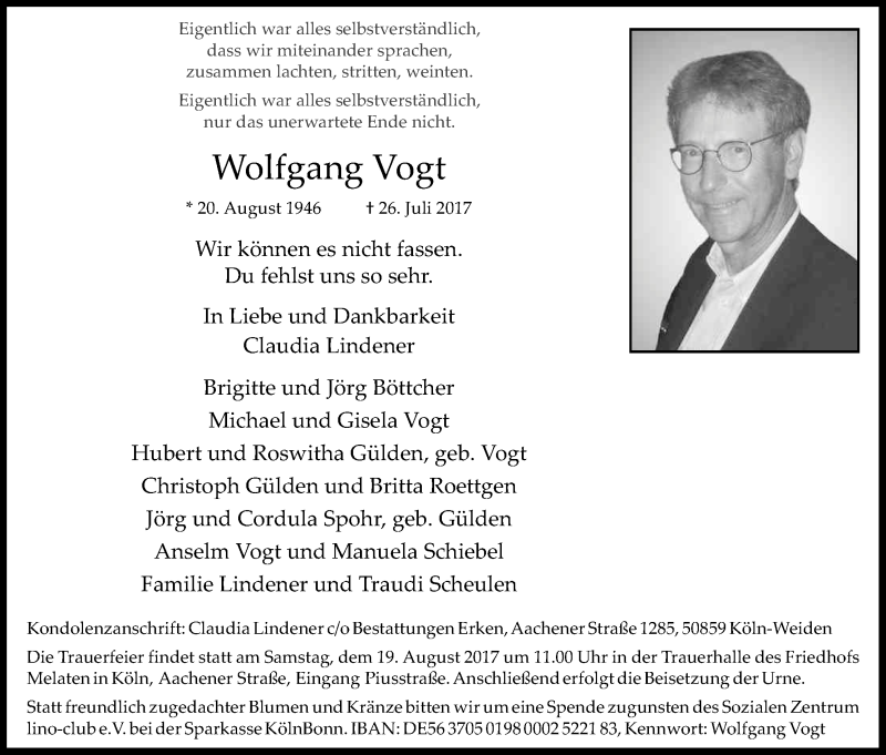  Traueranzeige für Wolfgang Vogt vom 12.08.2017 aus Kölner Stadt-Anzeiger / Kölnische Rundschau / Express