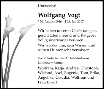Anzeige von Wolfgang Vogt von Kölner Stadt-Anzeiger / Kölnische Rundschau / Express