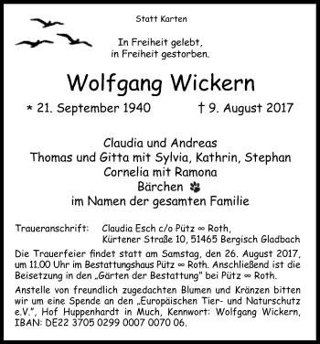 Anzeige von Wolfgang Wickern von Kölner Stadt-Anzeiger / Kölnische Rundschau / Express